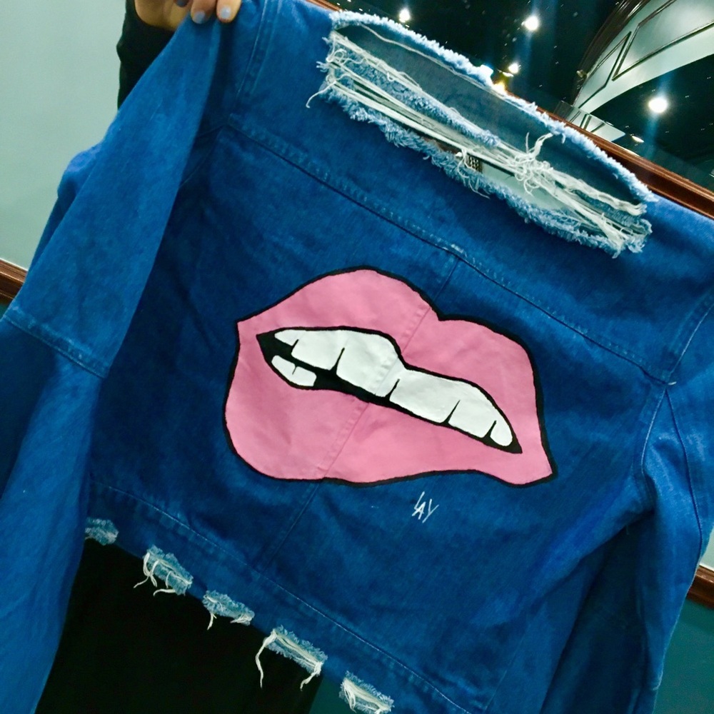 Jean Jacket, New, Hand painted, Pink lips